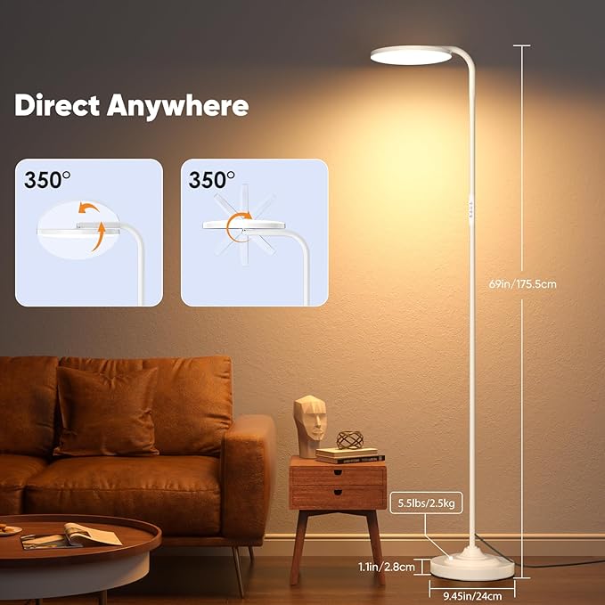 SIBRILLE 36W LED Floor Lamp, Super Bright Standing Lamp, Modern Stepless Dimmable Torchiere Tall Lamp with Remote Control, 350°Rotating Head Reading Floor Lamp for Living Room, Bedroom, Office - White