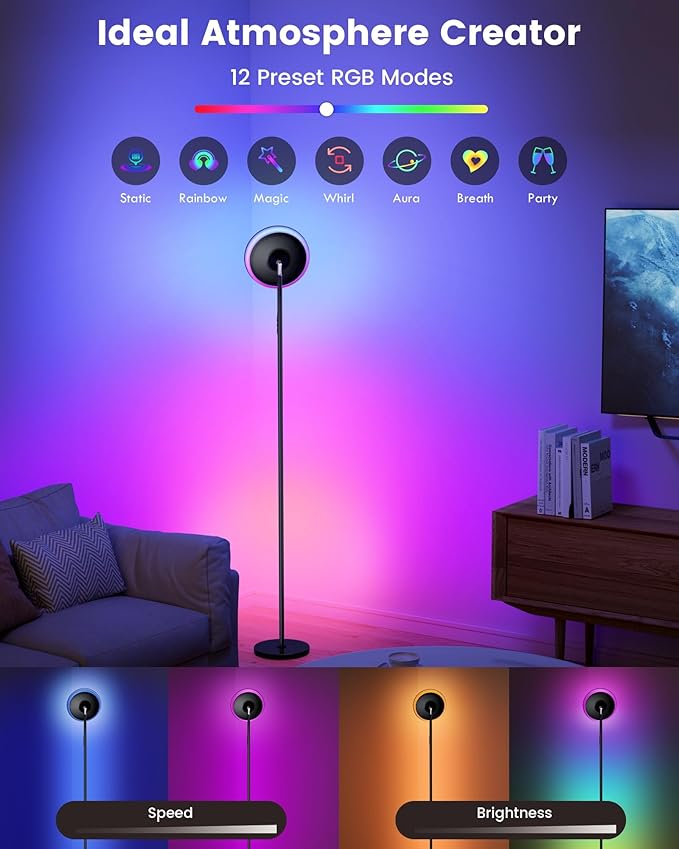 WOWLUMEN UFO Floor Lamp 71in, Upgraded 42W 3700LM LED Torchiere Floor Lamps for Living Room, Modern Tall Bright Standing Light with Remote, Dimmable Sky Light,1/2/3H Timer for Bedroom,Office(Black)