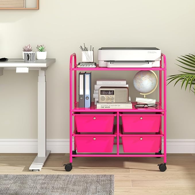 Giantex Rolling Storage Cart w/ 4 Drawers 2 Shelves Metal Rack Shelf Home Office School Beauty Salon Utility Organizer Cart with Wheels, Hot Pink