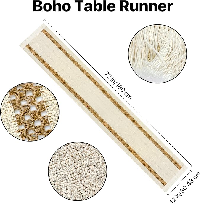 Niviy Round Woven Placemats Set of 6, with 72 Inches Long Farmhouse Macrame Table Runner Burlap Cotton Linen Table Runners Chargers for Dinner Plates, Beige & Brown