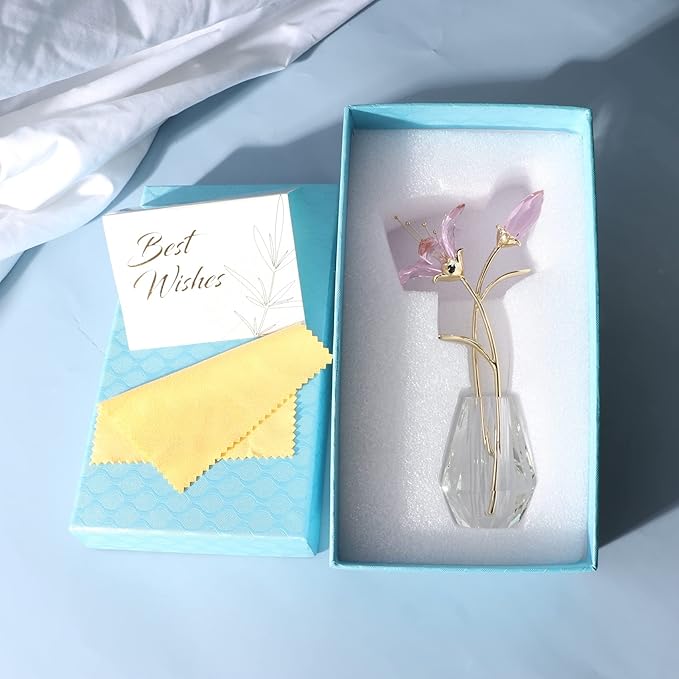 Movdyka Crystal Lily Flower Figurine with Stems, Handmade Collectible Statue for Decoration Mothers Day, Centerpiece, Bridal Shower Gift Pink