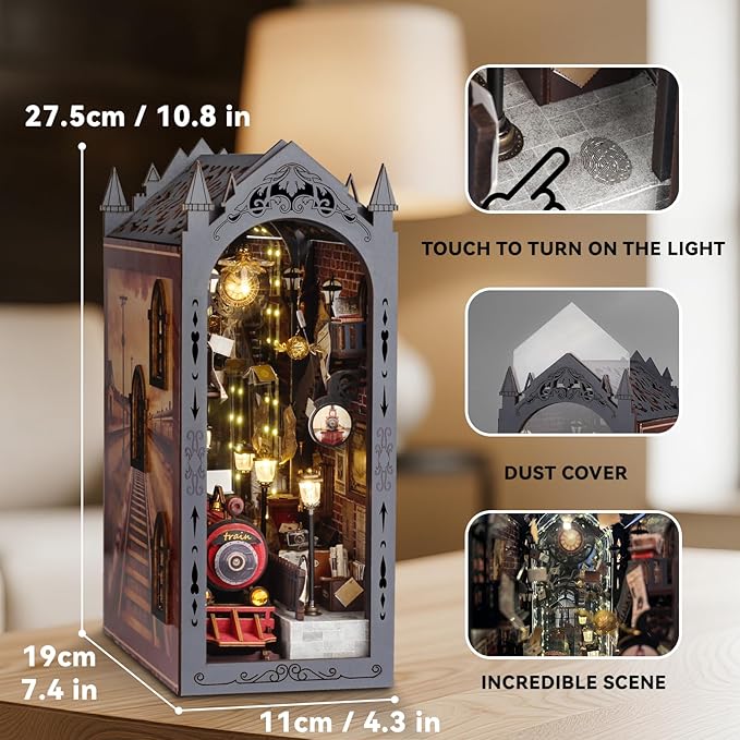 suruim DIY Book Nook Kit Bookend Puzzle Miniature Nook Library Bookshelf Insert Bookends Decoration Books Ornaments Gifts for Adults (Train Station)