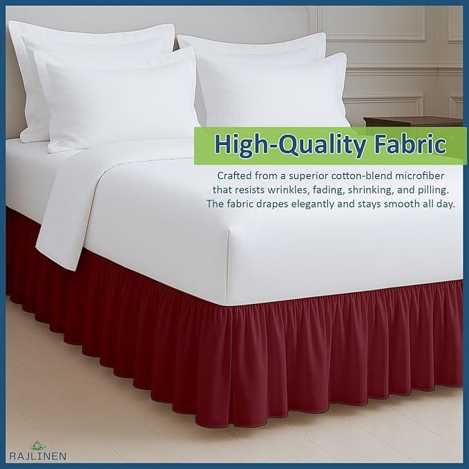 Rajlinen Ruffled Bed Skirt Queen, 8 Inch Drop Dust Ruffle with Split Corners, 100% Microfiber Bedskirt with Platform, Three-Sided Coverage Ruffled Gathering Design, Burgundy
