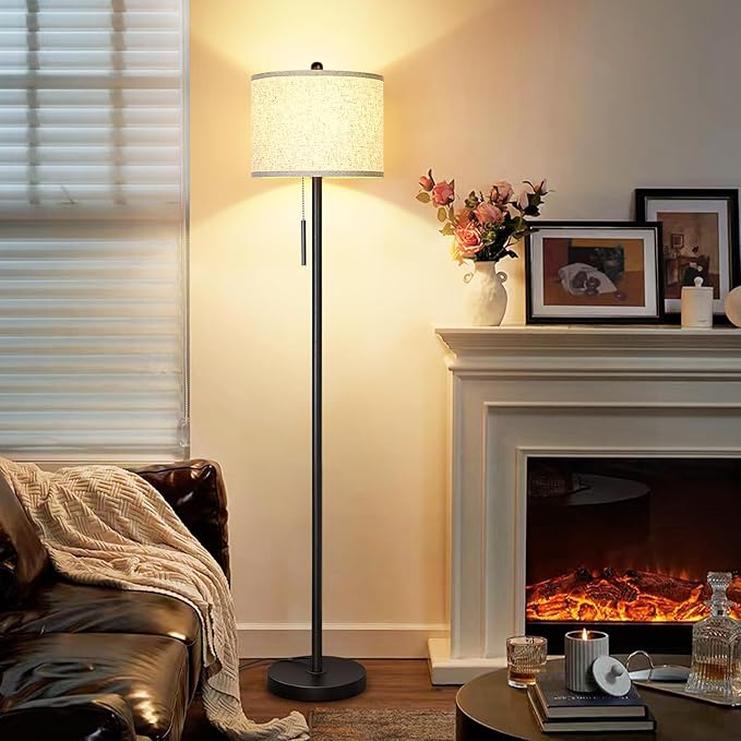 Qingmiao Floor Lamp for Living Room, 63in Black Standing Lamp, 3-Way Dimmable Floor Lamp for Bedroom, Tall Lamp with White Linen Shade for Office