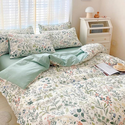 Botanical Floral Duvet Cover Twin Fresh Soft 100% Cotton Comforter Cover Floral Print Cottagecore Bedding Set with 2 Pillowcases Vintage Country Wildflower Comforter Cover with Zipper Closure Twin