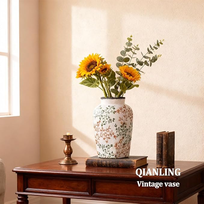 Green and White Vintage Vase - 9.7 Inchs Chinoiserie Decor Crackle Finish Floral Vase, Rustic Farmhouse Decorative Vases for Table, Living Room, Bathroom, Shelf Decor, Mantel, Centerpieces
