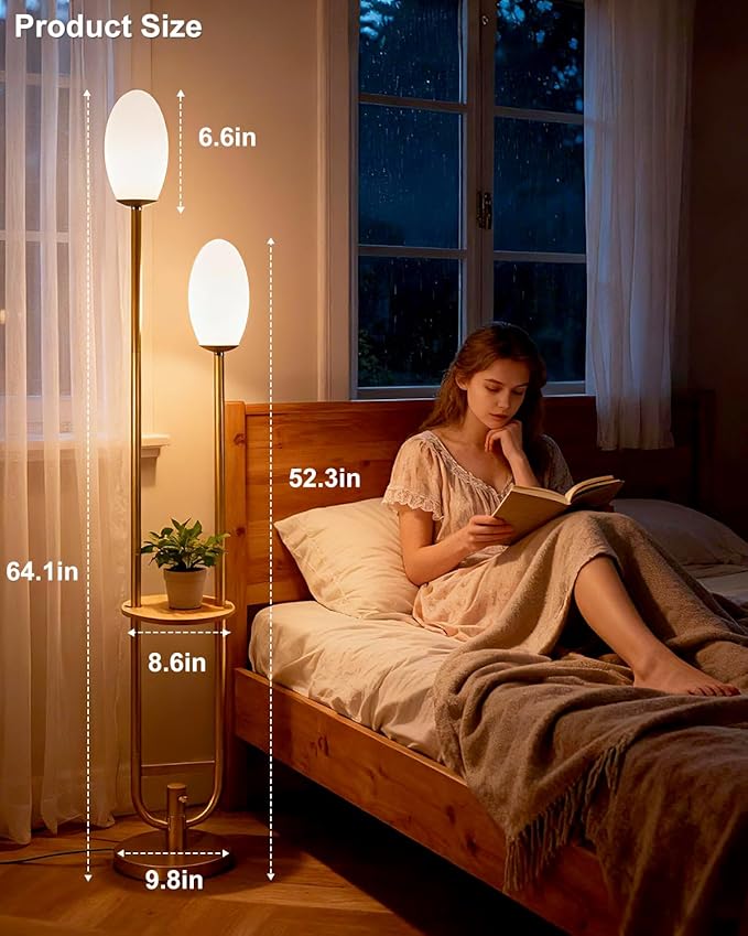 Lightdot Gold Dimmable Floor Lamp with 2 Oval Lampshades, Unique U-Shaped Tall Standing Lamps with Table& Warm White LED Bulbs, Mid Century Modern Floor Lamp for Living Room/Bedroom/Wedding/Party