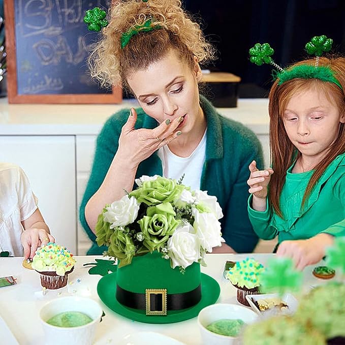 Watayo 4 Pack St. Patrick's Day Hat Flower Pot Set, Irish Green Top Hat Centerpiece with Flower Mud Box, DIY St. Patrick's Day Hat Plant Pots Flower Arrangement Container for Table Home Party Decor
