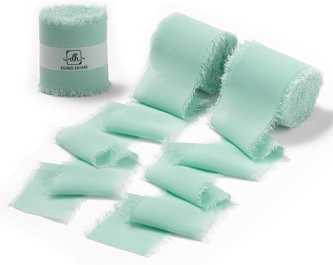 DORIS HOME Mint Green Chiffon Ribbon for Flower Bouquet, 2" x21Yd Fabric Ribbon for Gift Wrapping, Handmade Frayed Ribbon for Wedding, Chiffon Silk Ribbon for Christmas Decorations