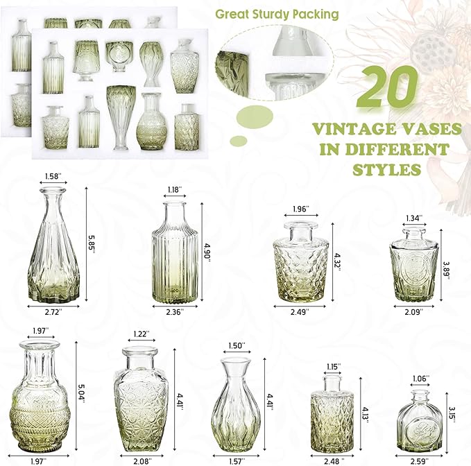 Inbagi 20 Pcs Glass Bud Vase Set - Green Small Flower Vases Bulk, Vintage Embossed Decorative Bottles for Wedding Valentine Home Table Centerpieces Decor