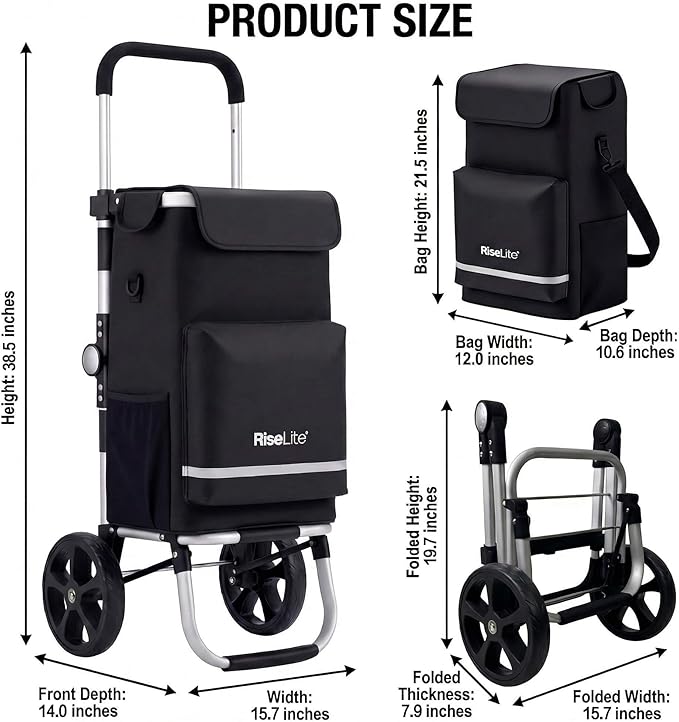Lightweight Shopping Cart with Wheels, Foldable Grocery Trolley for Supermarket & Teachers, Rolling Utility Crate with Insulated Cooler, Adjustable Handle, 110 lbs