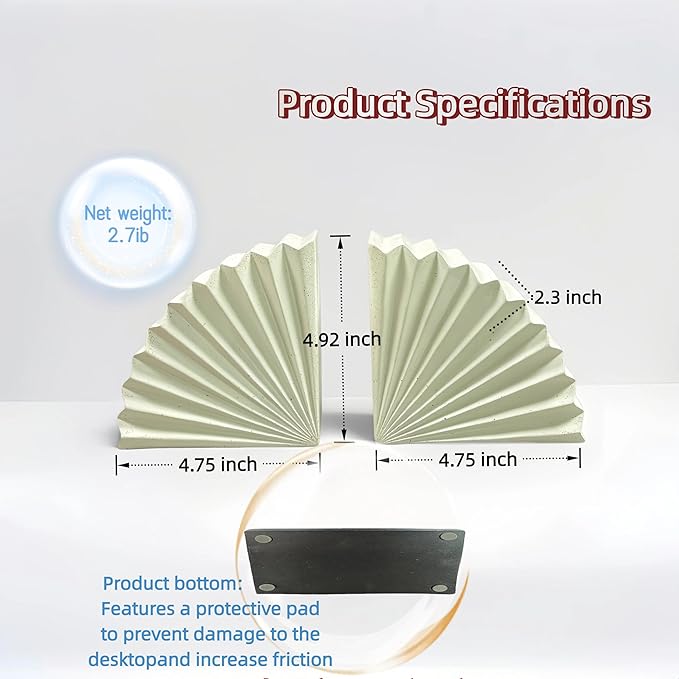 Off-White Fan Shape Bookends Set of 2 – Minimalist Resin Decorative Book Stoppers, Modern Book Ends for Home Office Shelf Organizer