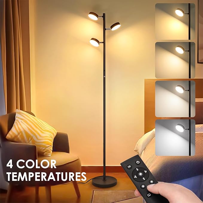 JUNNAI LED Tree Floor Lamp with Remote & Touch Control, 3 Heads Adjustable Dimmable Modern Floor Lamps with Timer, 4 Color Temperatures, Tall Standing Lamp for Living Room, Bedroom, Office, Black