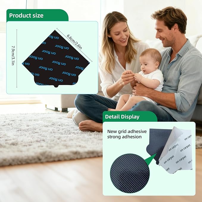 24 PCS Non Slip Rug Pads, Carpet Tape and Rug Tape for Hardwood Floors, Extra Thick and Double Sided Adhesive to Secure Area Rugs on Tile and Laminate, No Residue