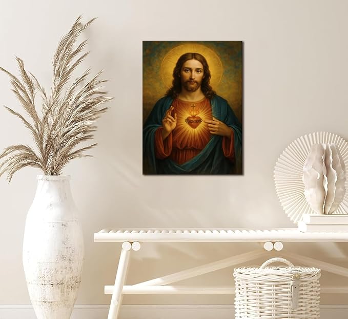 Sacred Heart of Jesus Canvas Wall Art Catholic Divine Mercy Prints Wall Decor Christ Jesus Portrait Poster Christian Religious Picture Artwork for Bedroom Living Room Prayer Room 16x24 Inch Framed
