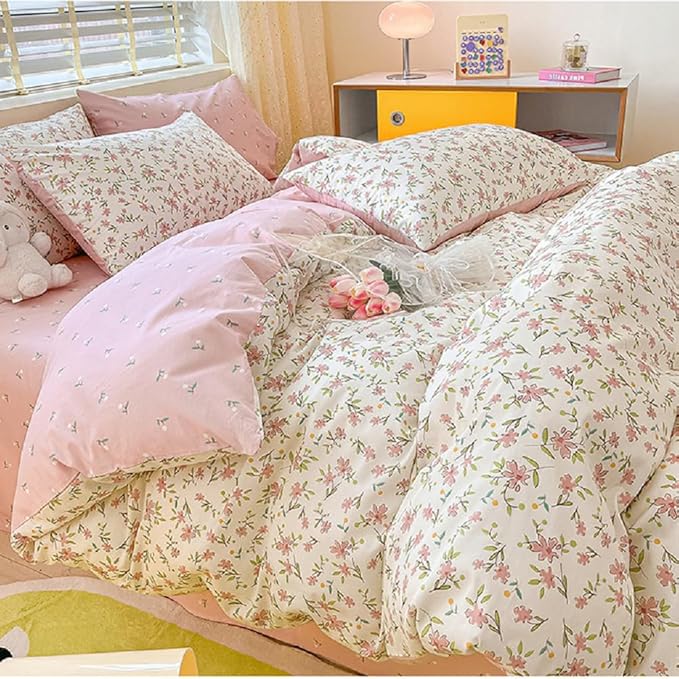 LifeTB Cotton Floral Duvet Cover Twin Pink White Bedding Sets Vintage Style Flower Botanical Boho Aesthetic Comforter Chic Garden with Zipper Closure, Twin(68/''x86/'')