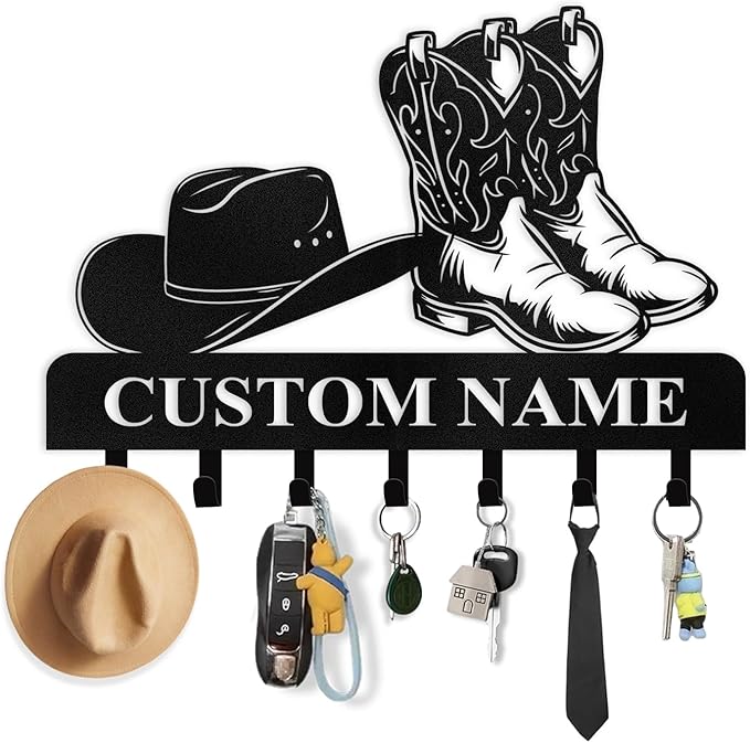 Personalized Cowboy Coat Hooks, Cowboy Boots and Hat Key Holder for Wall, Clothes Cowboy Hat Rack and Backpack Hanger, Western Wall Decor, Metal Key Rack Organizer for Storage Hallway Office Color04