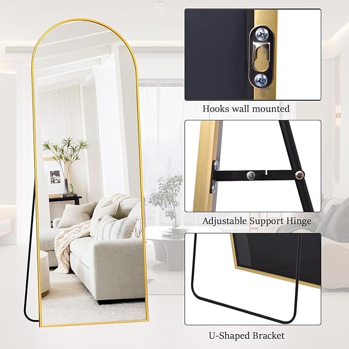 Floor Mirror Arched Full Length Mirrors, Mirror Full Length Standing Hanging or Leaning Against Wall, 59"x18" Large Full Body and Wall Mounted Mirror for Bedroom Living Room, Gold
