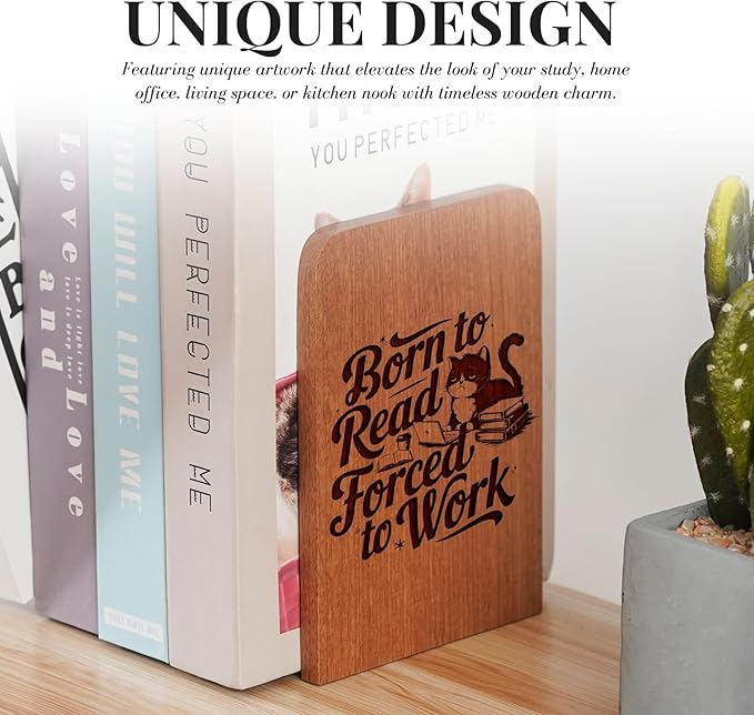 Book Lovers Gifts, Novelty Bookends Unique, Gifts for Book Lovers, Heavy Duty Wooden Book Ends for Shelves Decorative(1 Pair, 4.72x6.69 Inches) - Born to Read