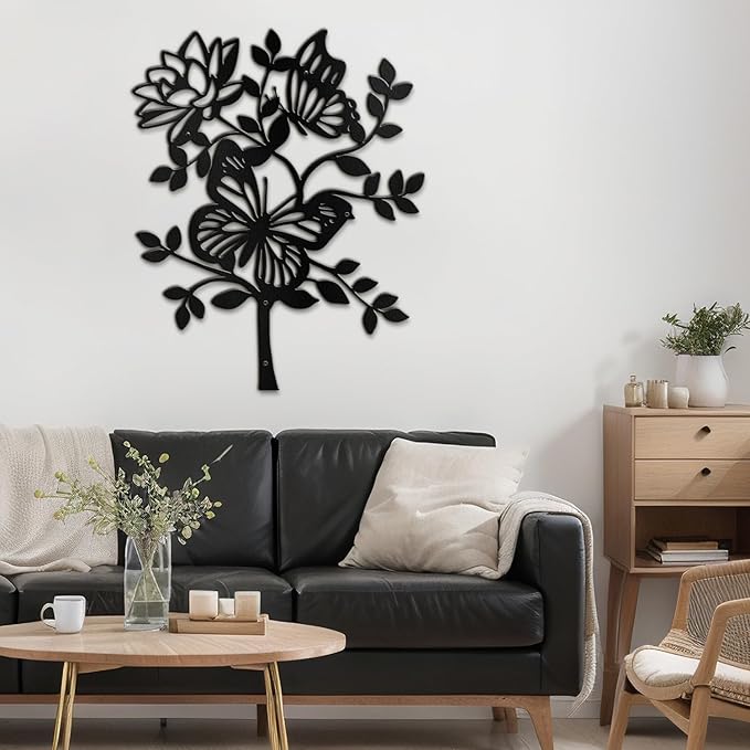 SIGNLEADER Metal Wall Art Decor Butterfly and Flower Minimalist Modern Abstract Wall Sculpture Hangings Home Decoration for Living Room, Bedroom, Bathroom, Kitchen, Outdoor - 18" Black