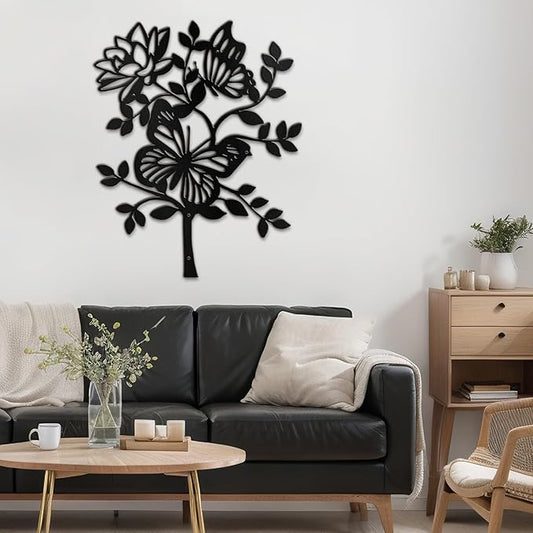 SIGNLEADER Metal Wall Art Decor Butterfly and Flower Minimalist Modern Abstract Wall Sculpture Hangings Home Decoration for Living Room, Bedroom, Bathroom, Kitchen, Outdoor - 18" Black