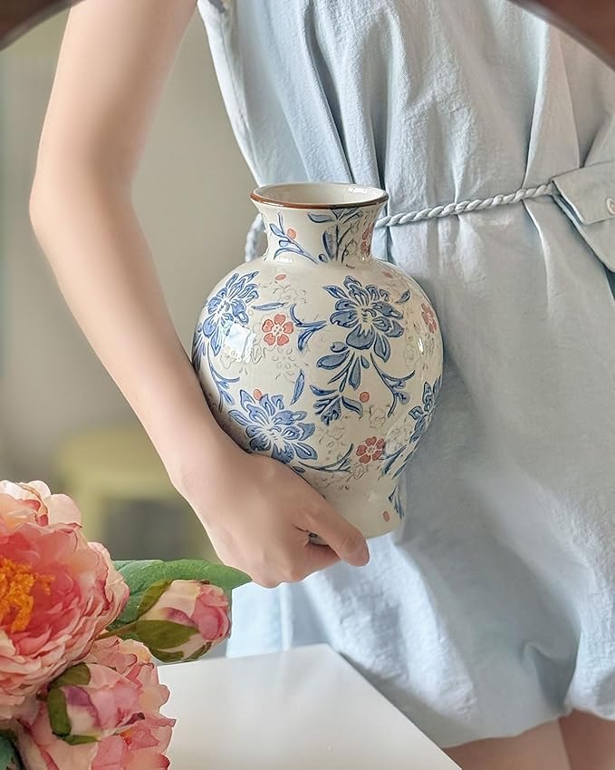 Vintage Blue and White Ceramic Vase, Classic Decorative Porcelain Flower Vase for Centerpiece Living Room Table Shelf, Chinoiserie Country Decor