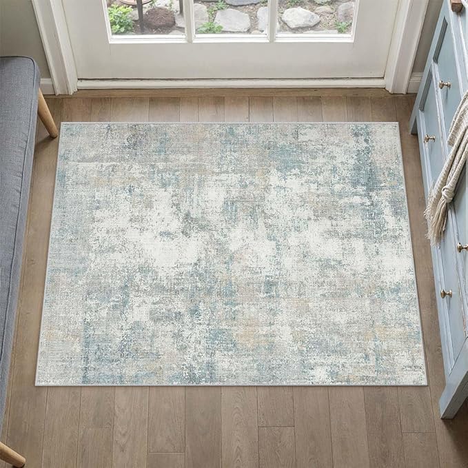 WondRg 2x3 Washable Area Rug Blue Cream Abstract Entryway Kitchen Throw Rug Neutral Modern Non Slip Soft Low Pile Lightweight Small Carpet for Bathroom Living Room Bedroom