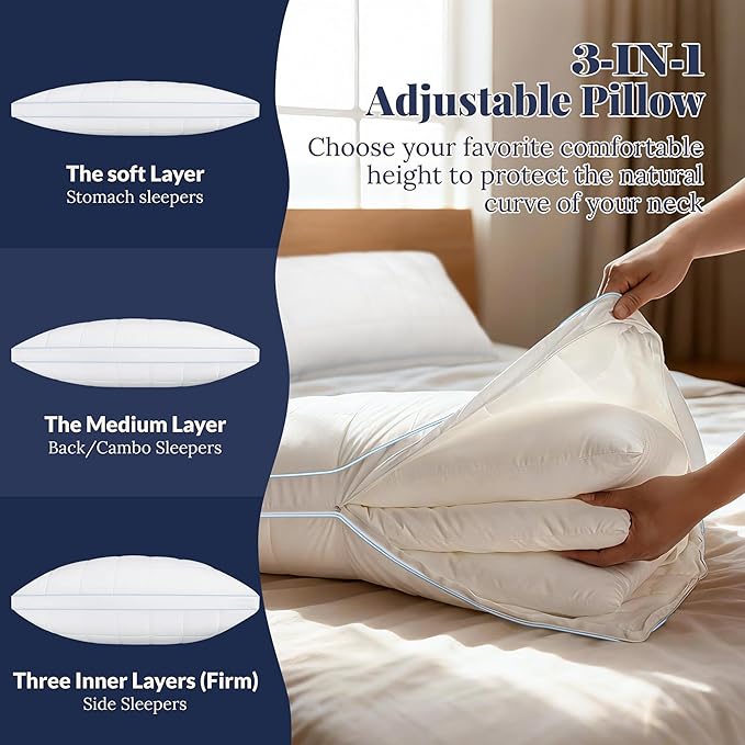 PlushHavenCloud 3-in-1 Adjustable Pillows Bed Pillow Queen Size Set of 2 - Luxury Hotel Collection Pillow for Sleeping, Customizable Firmness & Height Pillow for Back, Stomach or Side Sleepers