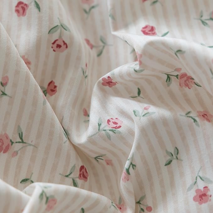 Pink Flower Duvet Cover Queen Vintage Garden Style Girls Comforter Cover Pink Stripes Bedding Set Cotton Rose Flower Comforter Cover with 2 Bow Ties Pillowcases Botanical Cottagecore Duvet Cover Set