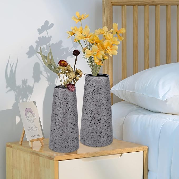 Bdor Ceramic Vase Set of 2, Modern Farmhouse Home Decor, Grey Vase with Polka Dots, Perfect for Dining, Living, Bathroom & Kitchen