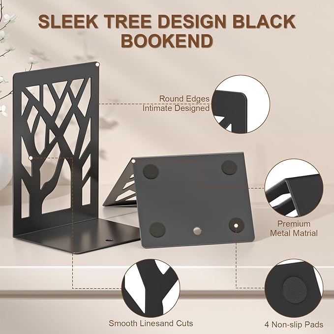 VFINE 4-Piece Modern Metal Bookends for Shelves, Black Tree Book Ends for Books, Decorative Book Organizer for Desk, Non-Skid Shelve Bookends for Home Office