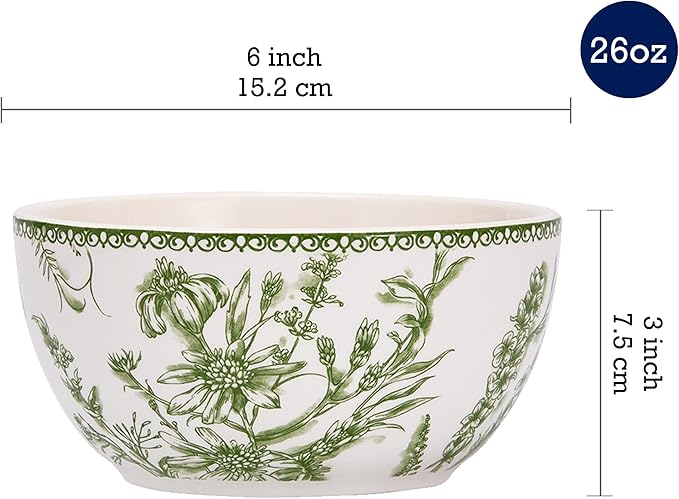 Bico Green Garden Toile De Jouy Cereal Bowls Set of 4, 26 oz Deep Ceramic Soup Bowls for Cereal, Salad, Noodles, Kitchen, Microwave and Dishwasher Safe, Gift for Housewarming and Thanksgiving
