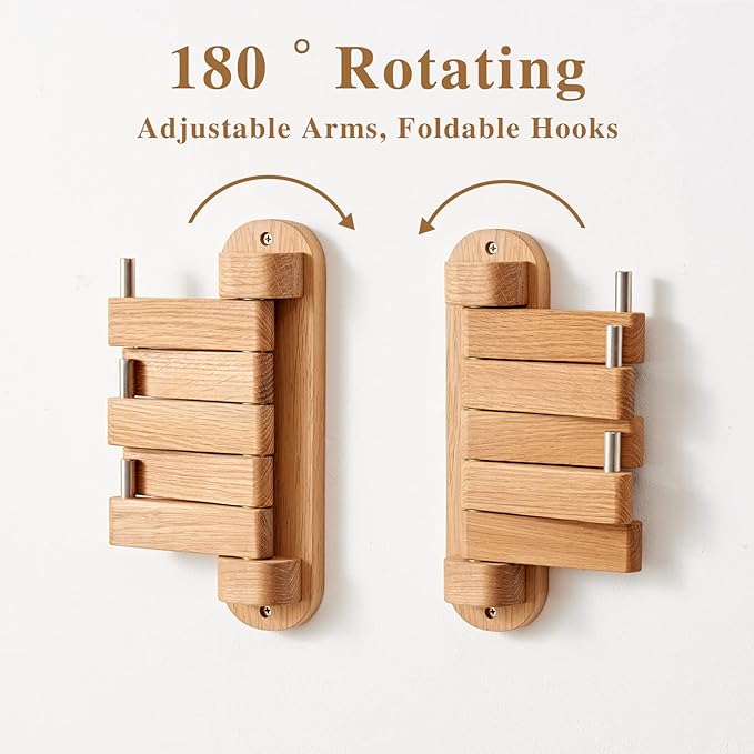 Oak Wood Coat Hooks, Coat Rack Wall Mount Swivel & Heavy Duty Wall Hooks for Bedroom, Entryway, Living Room, Bathroom,Office, Classroom
