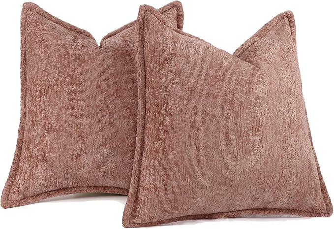 DEZENE Pack of 2 Pink Decorative Throw Pillow Covers 18x18 Cozy Soft Chenille Boho Accent Vintage Farmhouse Square Couch Pillow Covers for Home Decor Bed Sofa Living Room