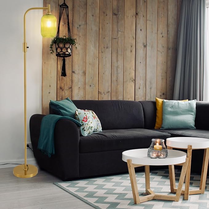 Asmymhd Dimmable Brass Gold Floor Lamp, Mid Century Modern Standing Lamp with Ribbed Green Glass Lampshade,Tall Lamp for Living Room Bedroom Study Room
