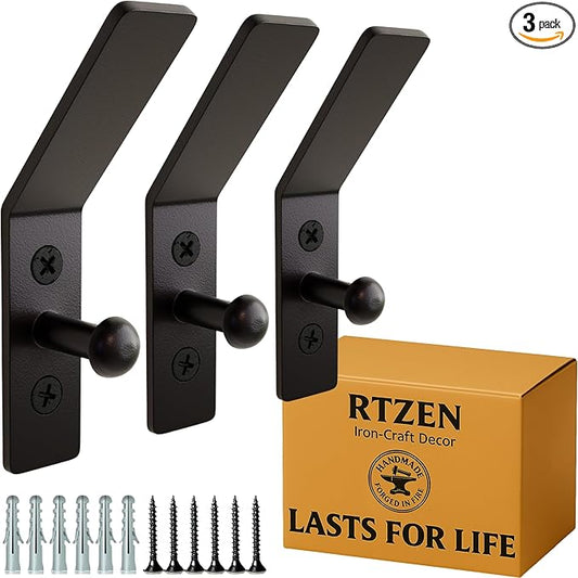 RTZEN Wall Mount Hook Set - Wrought Iron Decorative Rustic Metal Coat Hooks for Hanging - Handcrafted Classic Farmhouse Wall Mounted Black Hooks for Towel Robe or Hat Hanging - 3 Pack
