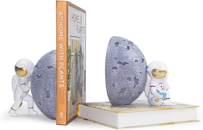 Heavy Duty Astronaut Bookends, Space-Themed Book Ends for Kids Room & Nursery Decor, Gray Moon Book Stoppers to Hold Books, Decorative Bookends for Shelves, Ideal for Boys and Girls