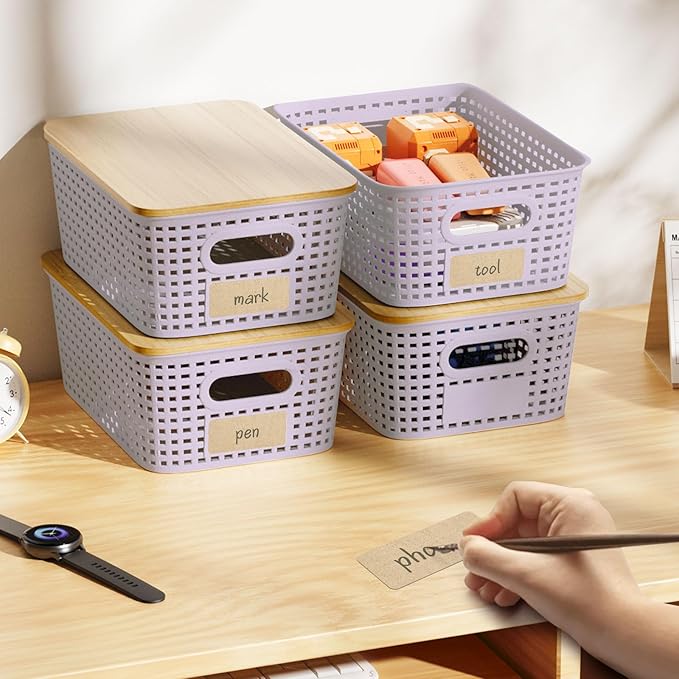 Plastic Storage Bins with Bamboo Lid - Stackable Pantry Storage Organizer with Lid - Storage Basket with Lable for Organizing: Small Storage Box for Shelves Cabinet Office Drawer Desktop 10x7x4in 6Pcs