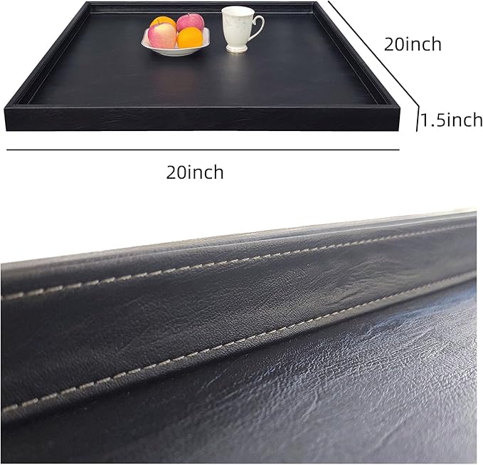 20 x 20 inches Luxury Leather Square Oversized Service Tray, Ottoman & Coffee Tray for Family Dinner, Out-of-House Picnic & Party (Black)