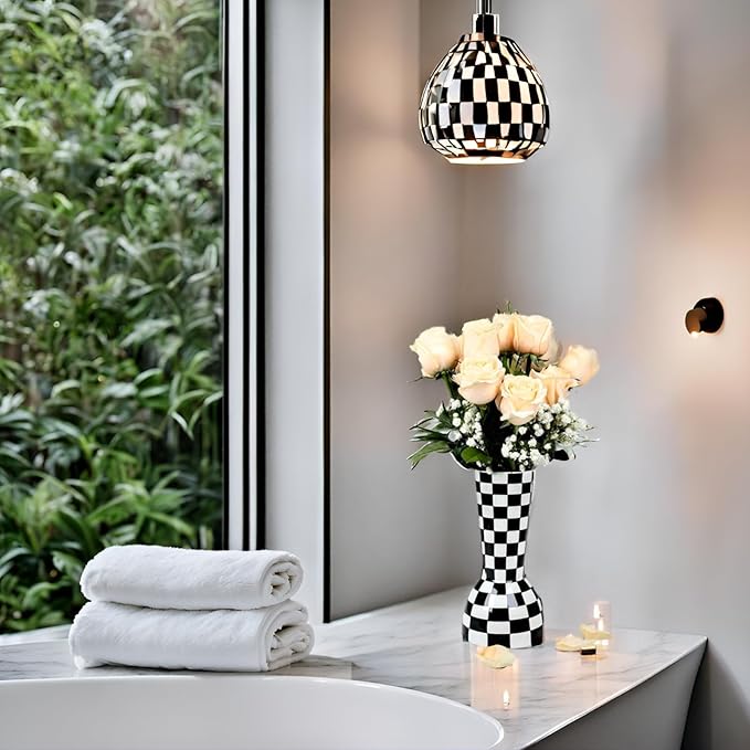 Black and White Checkered Vase, Aesthetic Modern Ins Cool Flower Vases for Home Decor, Entryway Table, Centerpieces Decoration, Kitchen, Living/Dining Room, Bedroom, Bathroom, Coffee Tables (Ceramic)