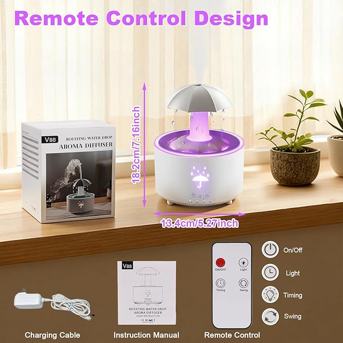 2-in-1 Raindrop Humidifier Oil Diffuser, Essential Oil Diffuser with 360° Rotating Raindrop & 7 LED Mood Lights, Rain Sounds for Sleeping, Quiet Cool Mist Humidifier for up to 24 Hrs,Ideal for Home