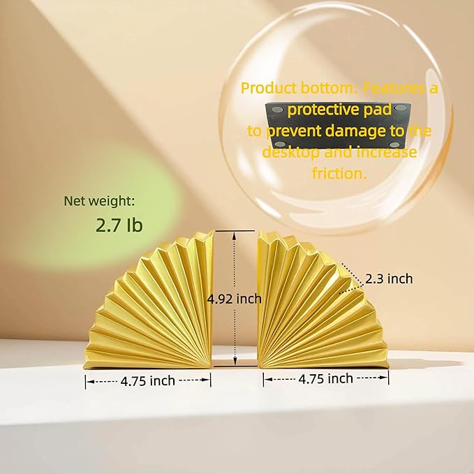 Golden Fan Shape Bookends Set of 2 – Elegant Resin Decorative Book Stoppers, Heavy Duty Modern Book Ends for Home Office Bookshelf Decor