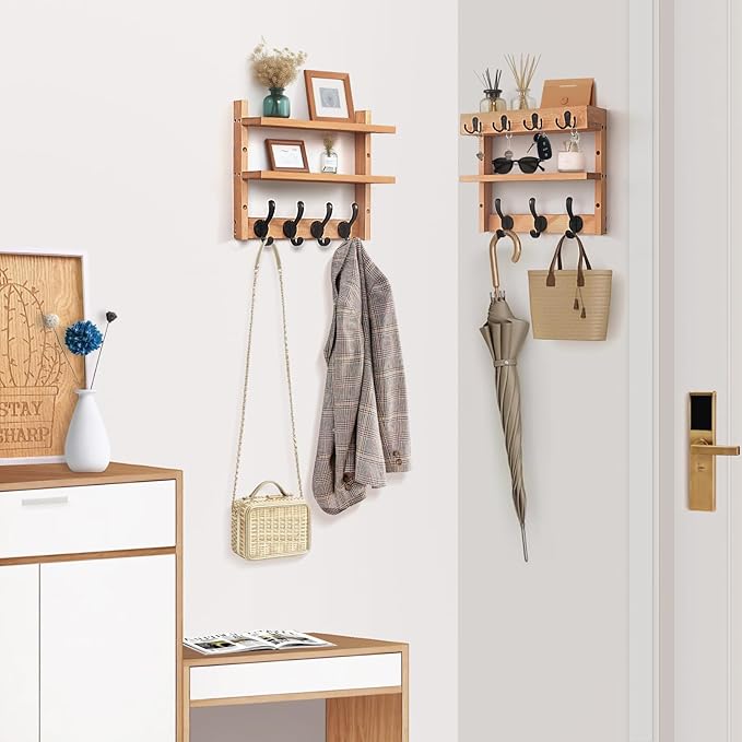 Coat Rack Wall Mount with Shelf, Pine Two-Tier Wall Shelf Mounted Coat and Key Hanger with 7 Heavy Duty Hooks 4 Key Hooks, Entryway Key Holder with Mail Holder for Bedroom,Living Room (Wood)