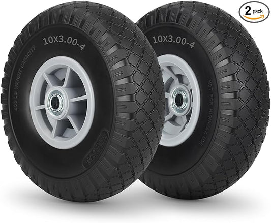 10x3.00-4 Flat Free Tire, 10" Heavy Duty Replacement Tire and Wheel Assemblies, Compatible Cosco Hand Trucks and Trolley Carts, 5/8" Axle Bore Hole, 2.2" Offset Hub, 2-Pack