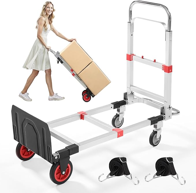 3 in 1 Aluminum Folding Hand Truck Dolly Cart with Wheels 600 Lbs Capacity Collapsible Heavy Duty Convertible Trolley with Retractable Handle for Moving Home Warehouse Office Camping (Red)
