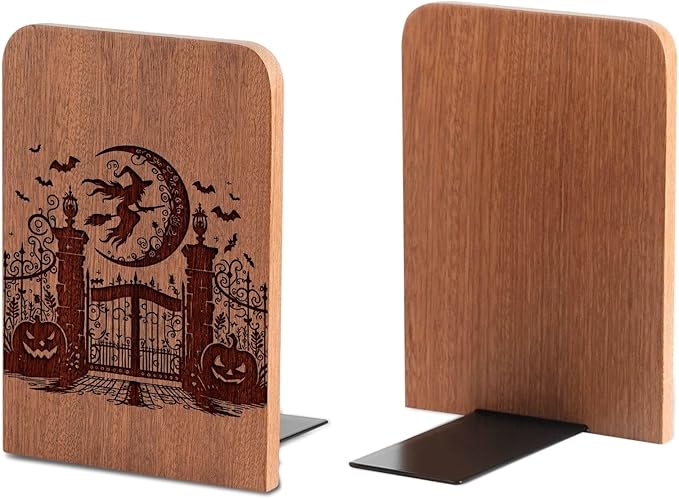 Goth Gifts for Women Men, Gothic Bookends, Heavy Duty Wooden Book Ends for Shelves Decorative(1 Pair, 4.72x6.69 Inches) - Witch