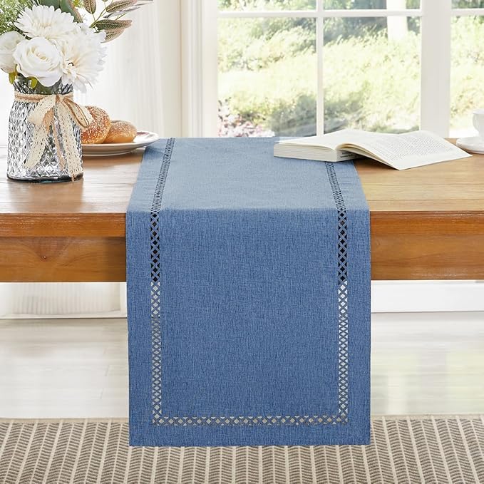 Burlap Style Farmhouse Table Runner, 13 x 108 Inch Blue, Rustic Geometric Hollow Table Runners 108 Inches Long for Dresser Table Everyday Use, 13x108 Inches, Blue