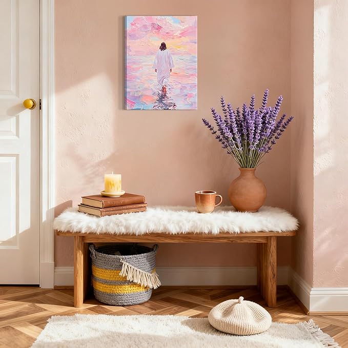 Jesus Wall Art, Pink Jesus Walking on Water Canvas Prints Painting, Christian Wall Decor Religious Poster Pictures Artwork for Living room Bedroom Church 16x24 in Framed