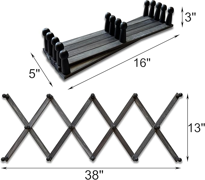 Expandable Wooden Coat Rack Hanger - Large Accordion Hanger with Expanding Pegs | Hand Made Rustic Wooden Hat Rack for Wall | Hang Coat, Jacket, Hat – 14 Hook, Distressed Black