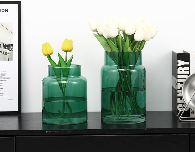 Large Glass Vase, Green Glass Vase Set of 2, Large Flower Vases for Bouquet, Tall Wide Mouth Vases for Flowers, Home, Wedding, Living Room, Office Decor, 7"+9"